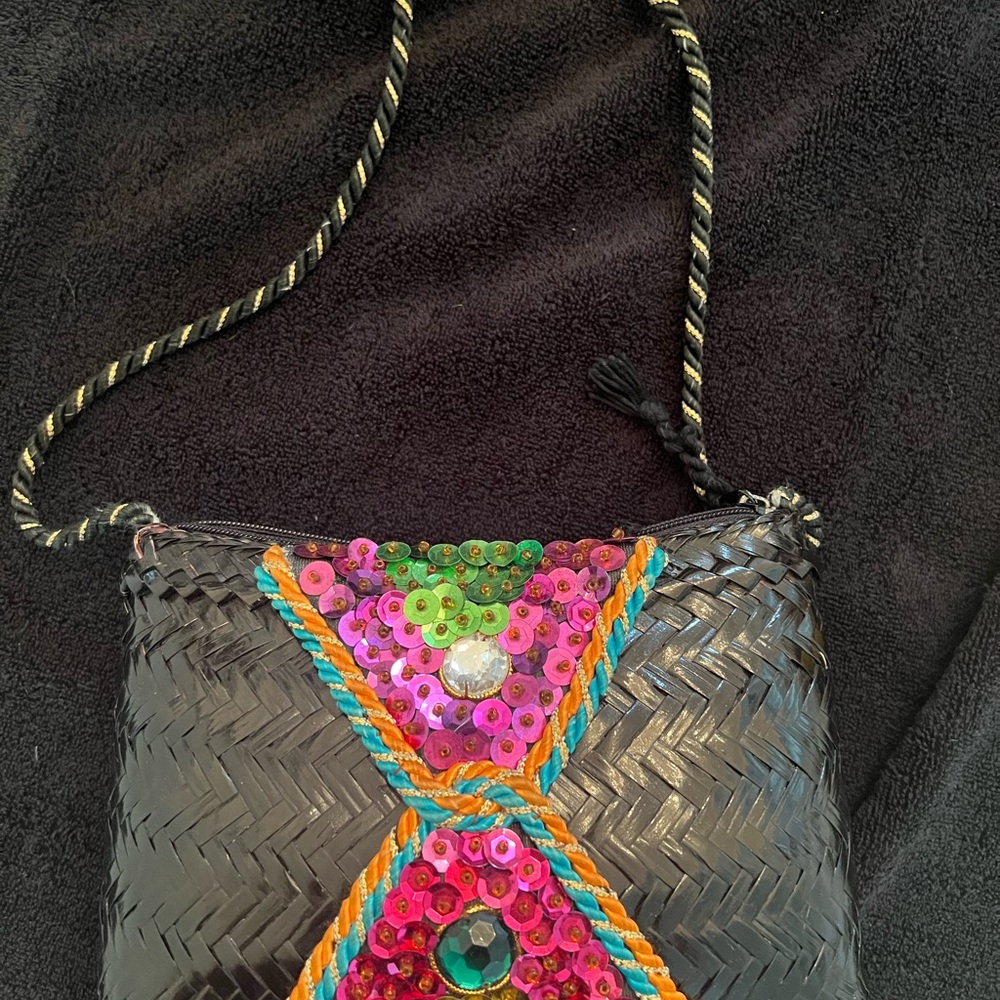 Colorful Sequin Embellished Black Woven Bag